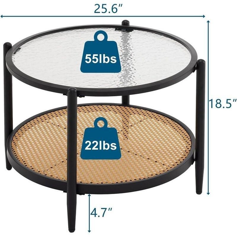 Şeffaf Dalgalı Cam ve PE Rattan Raflı Siyah Metal İki Katlı Yuvarlak Orta Sehpa - 65x47 cm - 240608