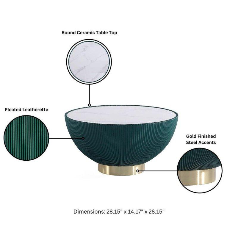 Seramik Mermer Tablalı Pileli Suni Deri Gold Paslanmaz Çelik Yuvarlak Orta Sehpa - 72x36 cm - 243420
