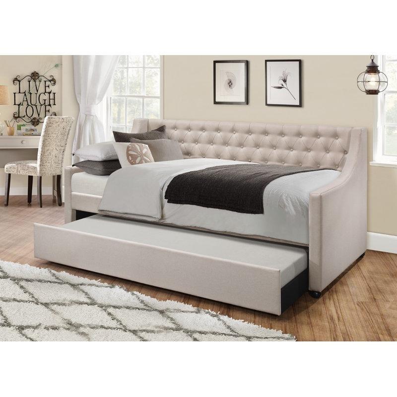 Sıcak Gri Keten Kumaş Kapitoneli Masif Ahşap Yavru Yataklı Karyola - 107x214 cm - 328759