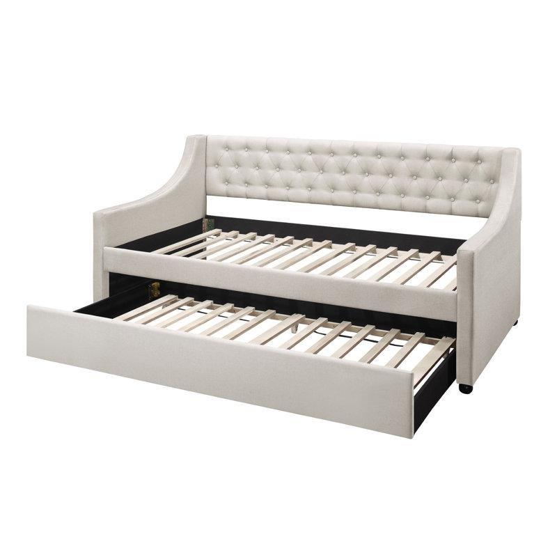 Sıcak Gri Keten Kumaş Kapitoneli Masif Ahşap Yavru Yataklı Karyola - 107x214 cm - 328759