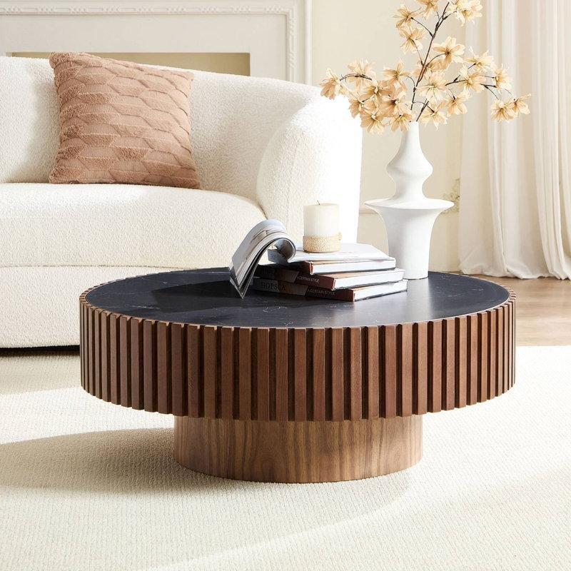 Sinterlenmiş Taş Tablalı Ceviz Rengi Yivli Kaideli Yuvarlak Orta Sehpa - 90 cm - 244468