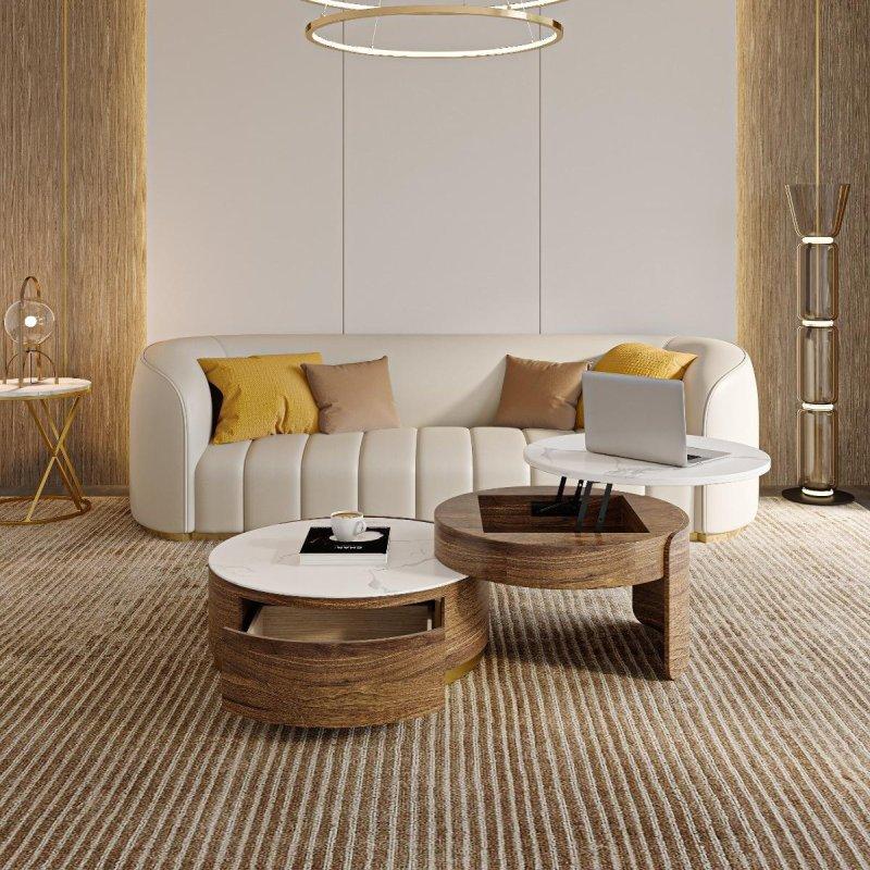 Sinterlenmiş Taş Tablalı MDF Asansörlü İç İçe Geçen 2li Yuvarlak Orta Sehpa Seti - 241401