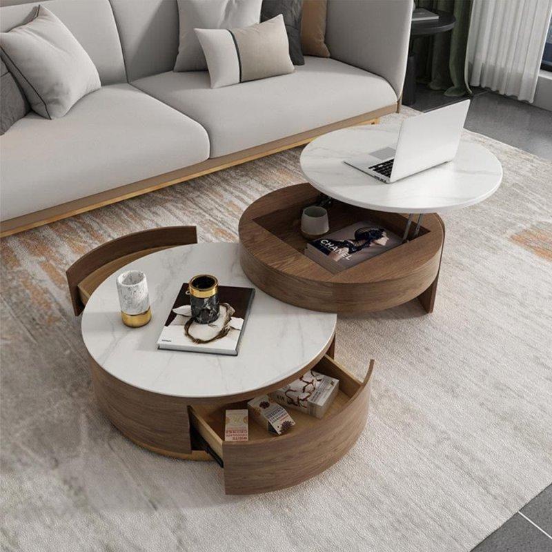 Sinterlenmiş Taş Tablalı MDF Asansörlü İç İçe Geçen 2li Yuvarlak Orta Sehpa Seti - 241401