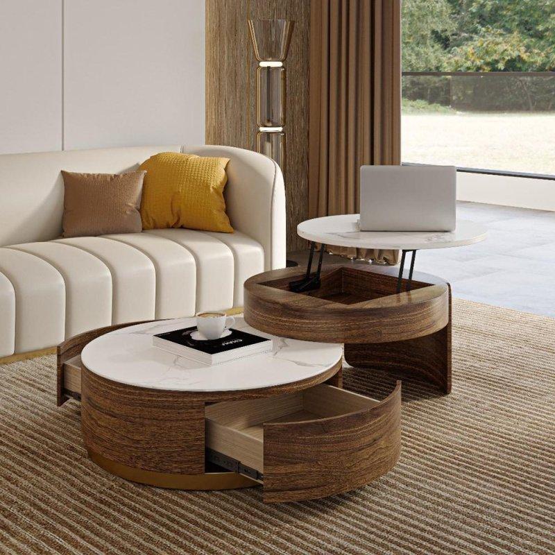 Sinterlenmiş Taş Tablalı MDF Asansörlü İç İçe Geçen 2li Yuvarlak Orta Sehpa Seti - 241401