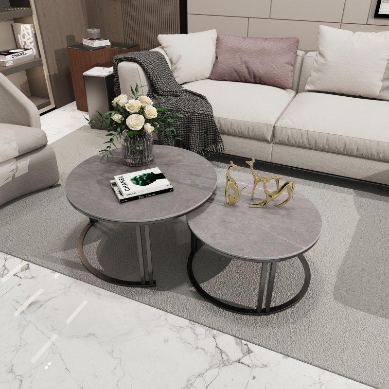 Sinterlenmiş Taş Tablalı Metal Ayaklı İç İçe Geçen 2li Yuvarlak Orta Sehpa - 241416