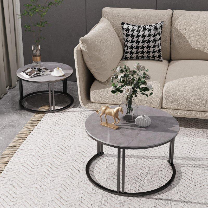 Sinterlenmiş Taş Tablalı Metal Ayaklı İç İçe Geçen 2li Yuvarlak Orta Sehpa - 241416