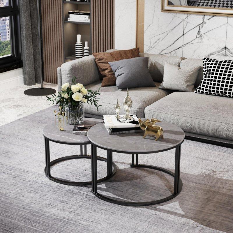 Sinterlenmiş Taş Tablalı Metal Ayaklı İç İçe Geçen 2li Yuvarlak Orta Sehpa - 241416