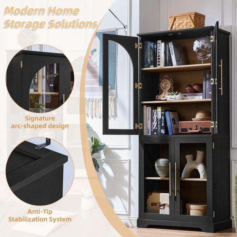 Siyah Ahşap 4 Kapaklı Ayarlanabilir Raflı Kavisli Cam Kapaklı Kitaplık - 183x81x41 cm - 238251