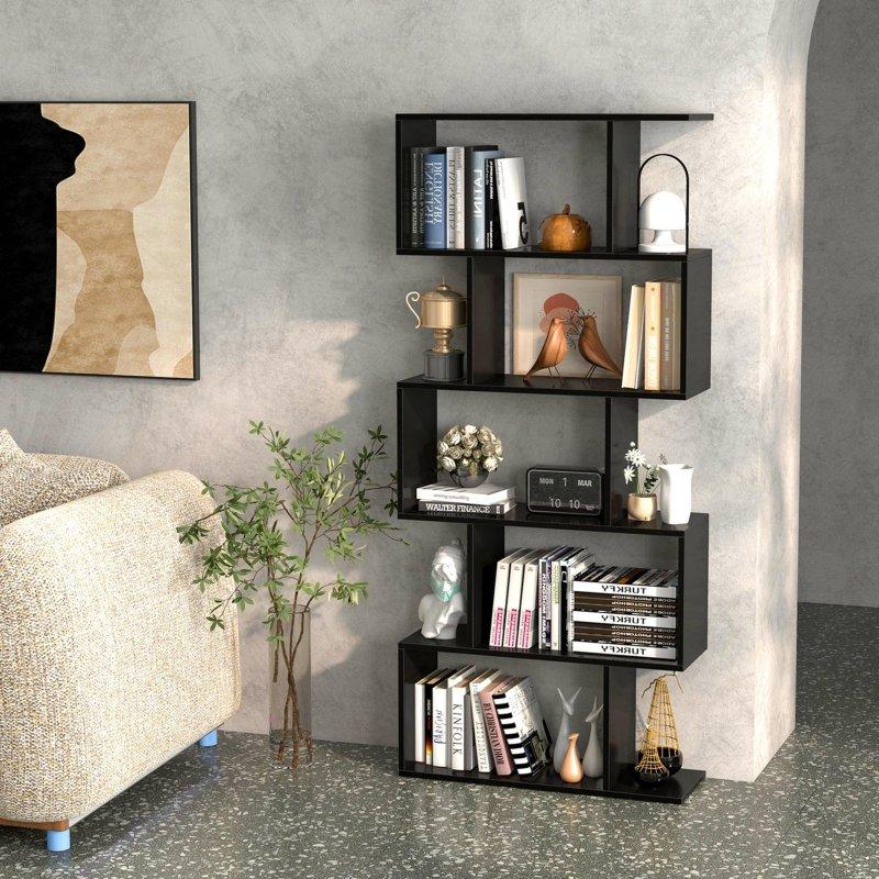 Siyah Ahşap 5 Raflı Geometrik S Şekilli Oda Bölücü Kitaplık - 70x25x159 cm - 319245