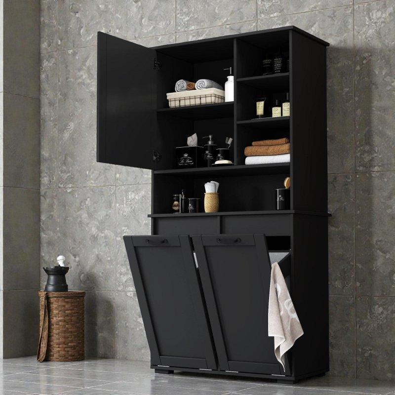 Siyah Ahşap Ayarlanabilir Raflı Kirli Sepetli Çok Amaçlı Banyo Dolabı - 80x158x41 cm - 333704