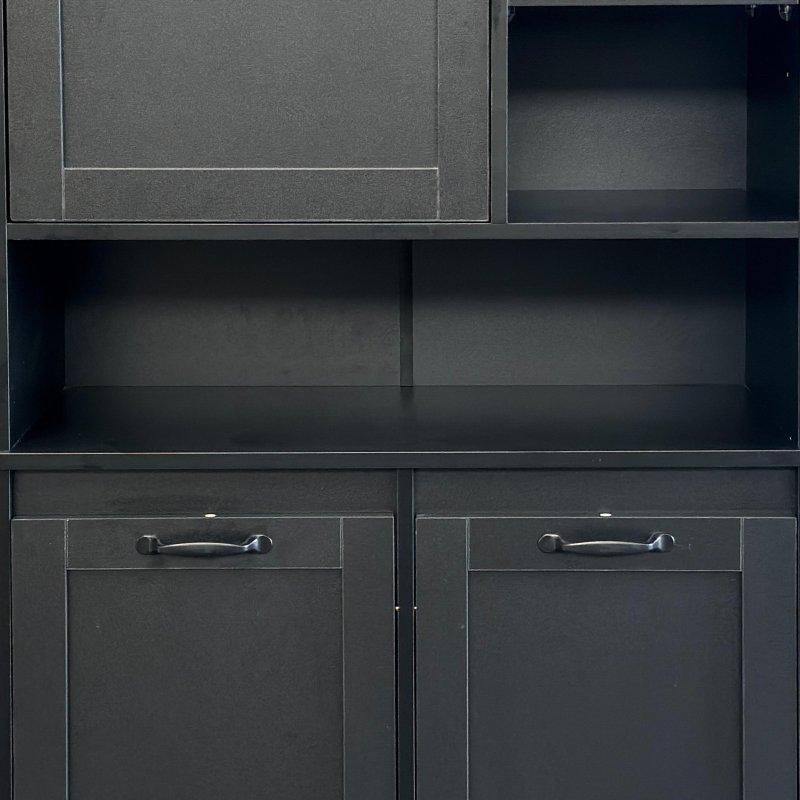 Siyah Ahşap Ayarlanabilir Raflı Kirli Sepetli Çok Amaçlı Banyo Dolabı - 80x158x41 cm - 333704