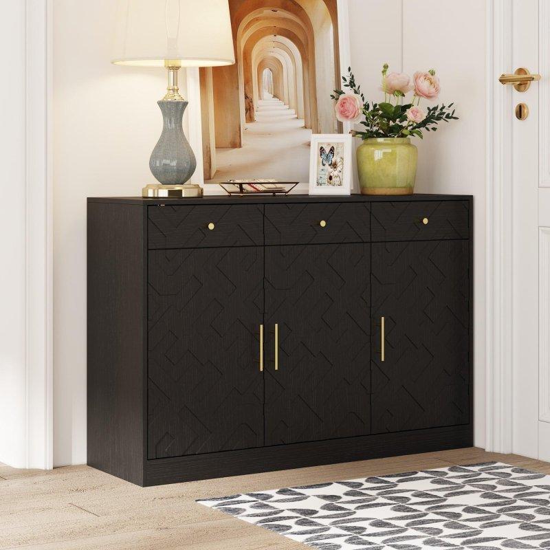 Siyah Ahşap Balıksırtı Desenli 3 Çekmeceli Şifonyer - 120 cm - 302063