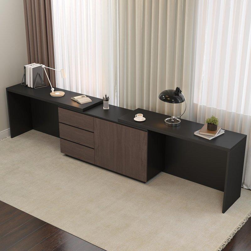 Siyah Ahşap Desenli MDF Genişletilebilir Çekmeceli Dolaplı Ofis Masası - 191-343 cm - 327403