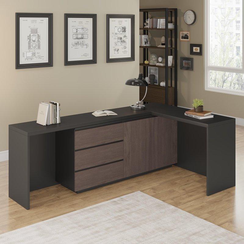 Siyah Ahşap Desenli MDF Genişletilebilir Çekmeceli Dolaplı Ofis Masası - 191-343 cm - 327403