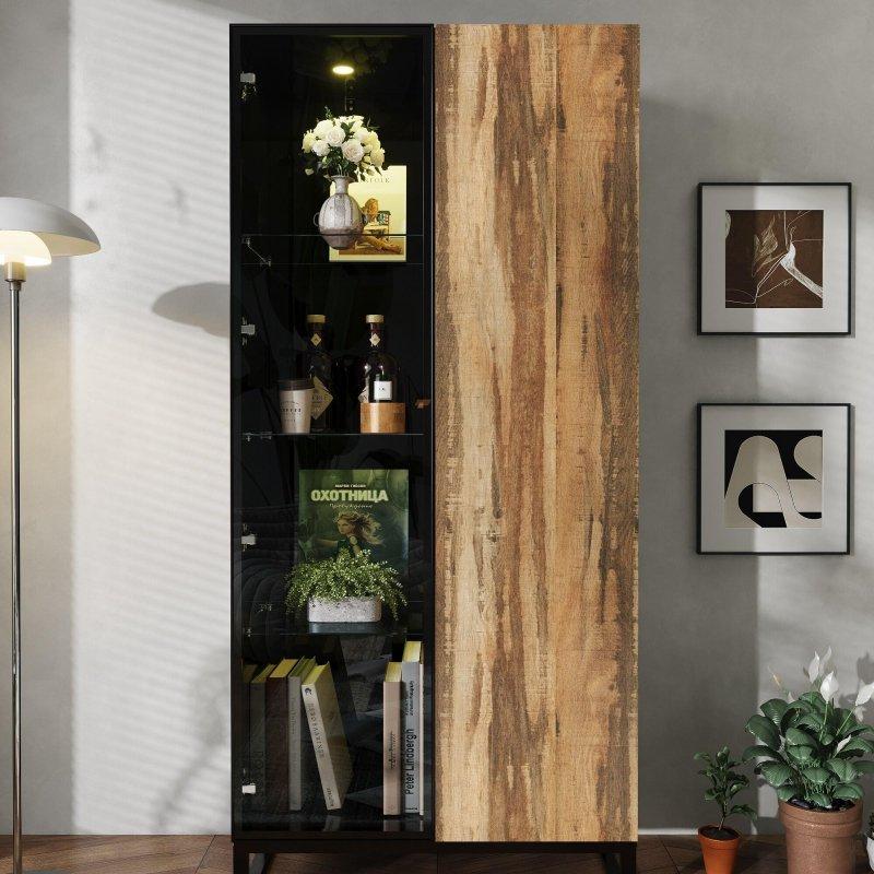 Siyah Ahşap Dokulu LED Aydınlatmalı Cam Kapaklı Metal Ayaklı Kitaplık - 81x176x41 cm - 316658