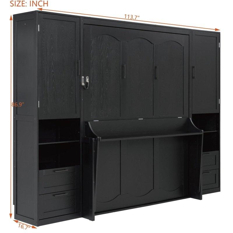 Siyah Ahşap Dolaplı Çekmeceli ve Raflı Queen Size Duvar Yatağı - 263118