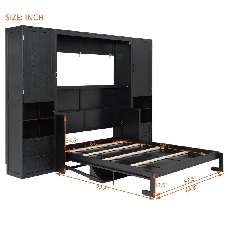 Siyah Ahşap Dolaplı Çekmeceli ve Raflı Queen Size Duvar Yatağı - 263118