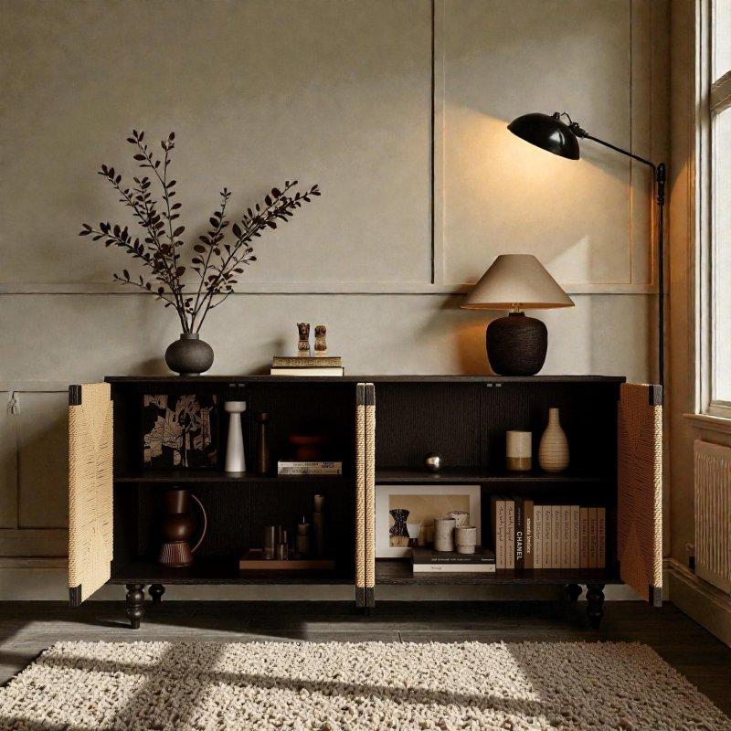 Siyah Ahşap El Dokuması Hasır Kapaklı Bohem Konsol - 150x75x39 cm - 324999