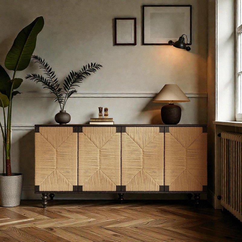 Siyah Ahşap El Dokuması Hasır Kapaklı Bohem Konsol - 150x75x39 cm - 324999 Siyah Ahşap El Dokuması Hasır Kapaklı Bohem Konsol - 150x75x39 cm - 324999