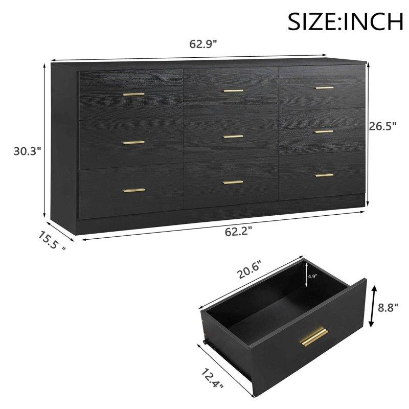 Siyah Ahşap Gold Kulplu 9 Çekmeceli Geniş Şifonyer - 160 cm - 311514