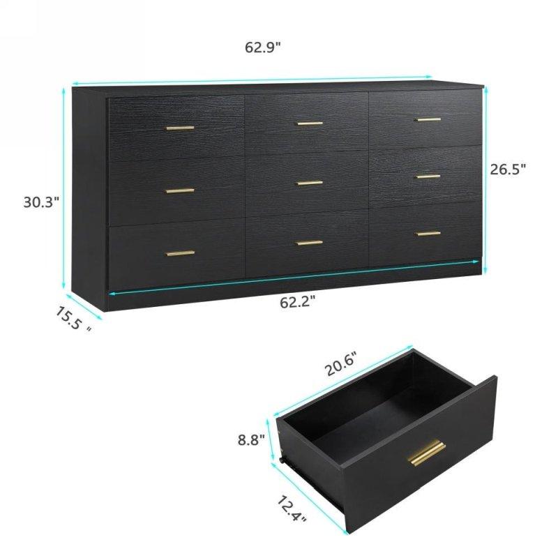 Siyah Ahşap Gold Kulplu 9 Çekmeceli Şifonyer - 160x40x78 cm - 298813