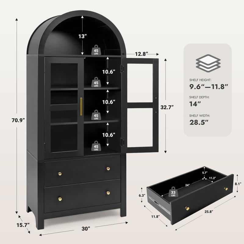 Siyah Ahşap Kemerli 2 Çekmeceli Ayarlanabilir Raflı Cam Kapaklı Kitaplık - 181x76x40 cm - 238384