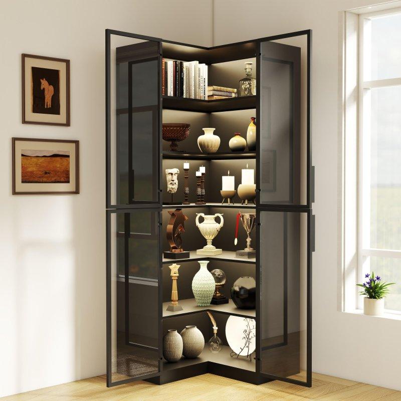 Siyah Ahşap LED Işıklı Cam Kapaklı Köşe Kitaplık - 41x41x201 cm - 318716