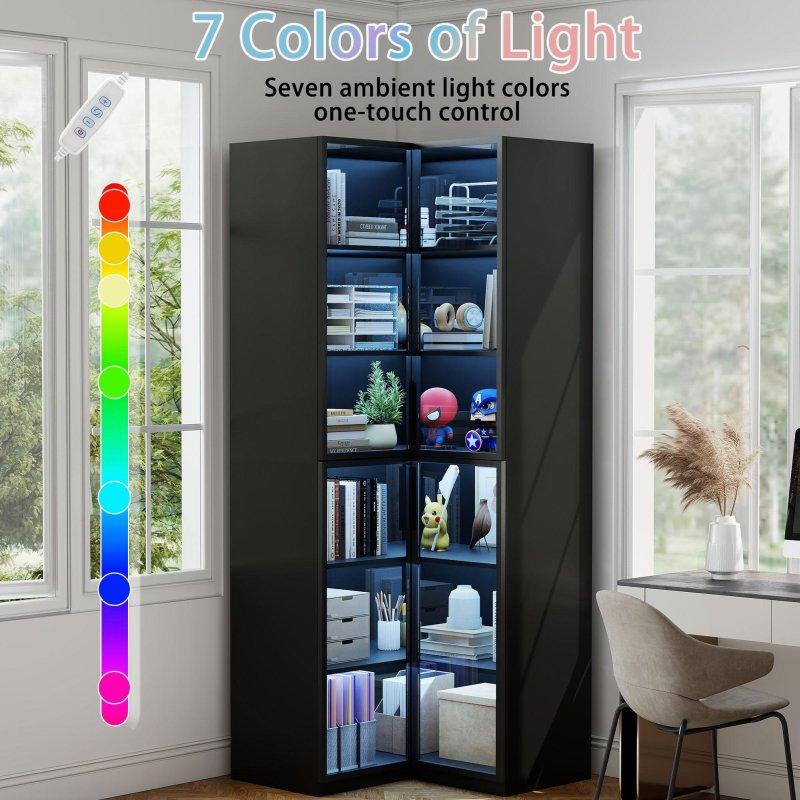 Siyah Ahşap LED Işıklı Cam Kapaklı Köşe Kitaplık - 41x41x201 cm - 318716