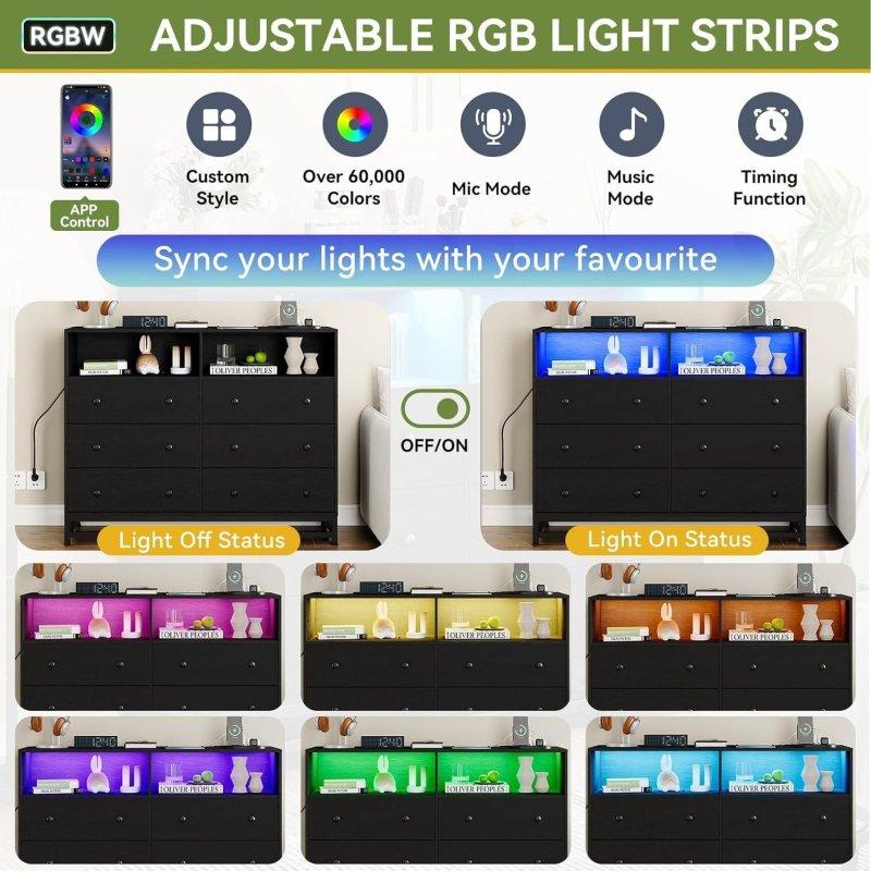 Siyah Ahşap LED Işıklı Şarj İstasyonlu 6 Çekmeceli Şifonyer - 120 cm - 304738