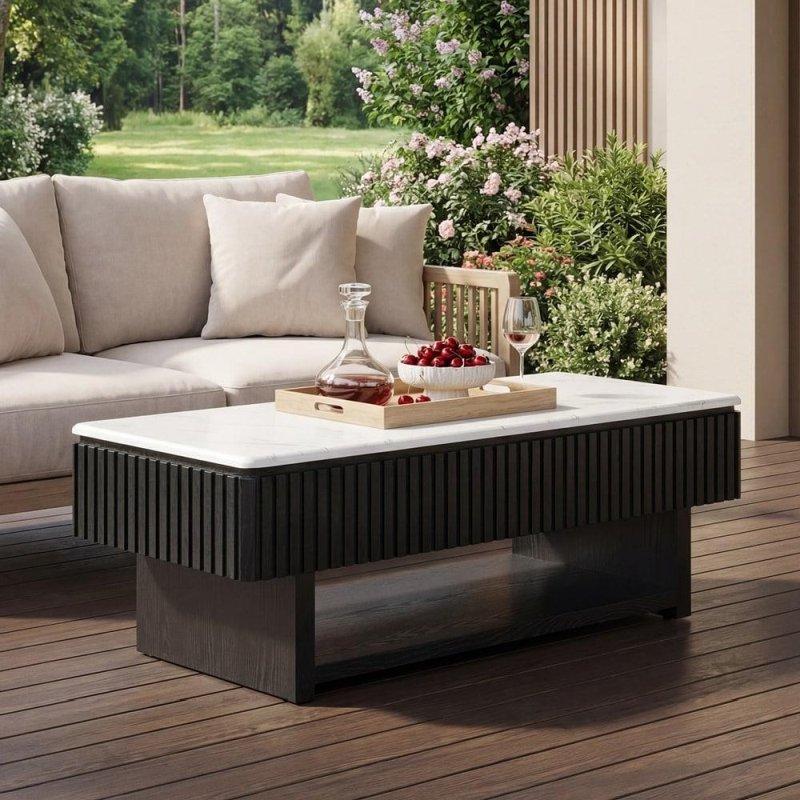 Siyah Ahşap Mermer Desenli Çekmeceli Asansörlü Akıllı Sehpa - 119x59 cm - 253901