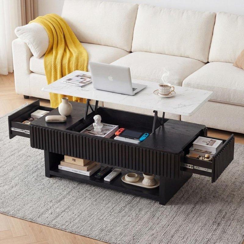 Siyah Ahşap Mermer Desenli Çekmeceli Asansörlü Akıllı Sehpa - 119x59 cm - 253901