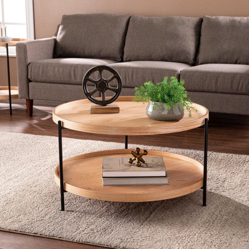 Siyah Ahşap Metal İki Katlı Raflı Yuvarlak Orta Sehpa - Ø85 cm - 242746