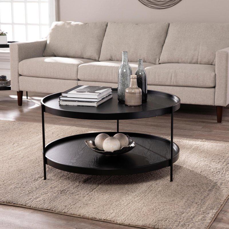 Siyah Ahşap Metal İki Katlı Raflı Yuvarlak Orta Sehpa - Ø85 cm - 242746