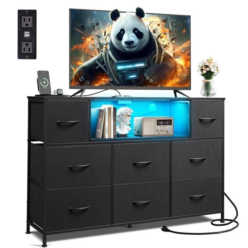 Siyah Ahşap Prizli ve LED Aydınlatmalı 8 Kumaş Çekmeceli Şifonyer - 297290