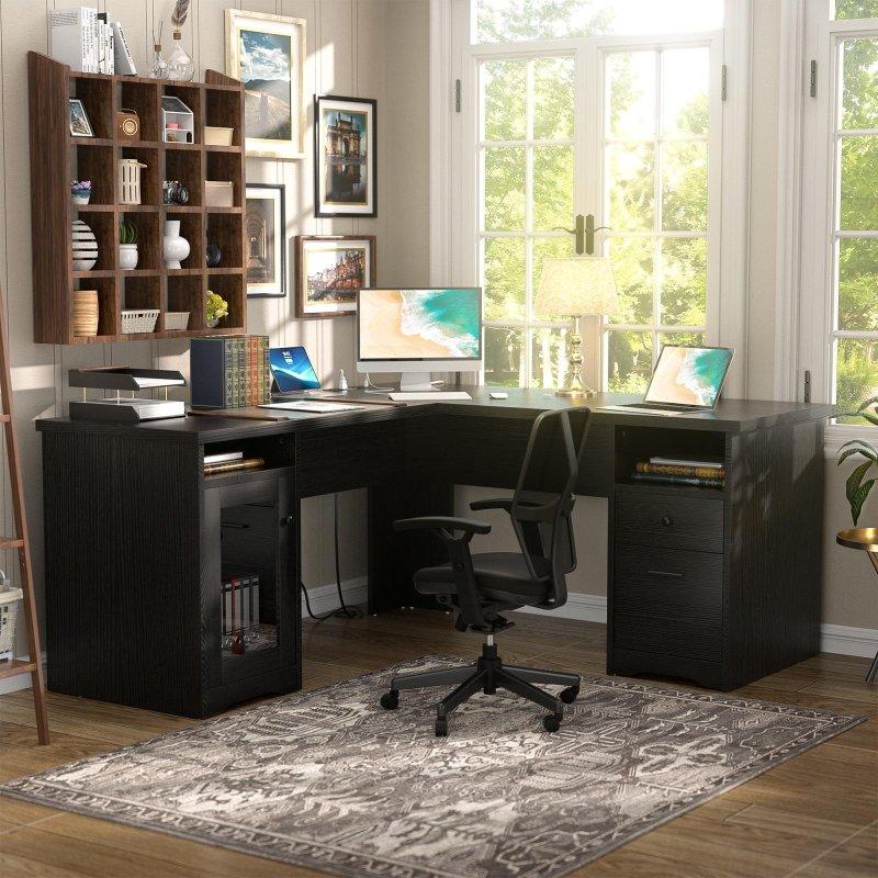 Siyah Ahşap Prizli ve USB Portlu Çekmeceli Dolaplı L Tipi Ofis Masası - 151x151 cm - 328042