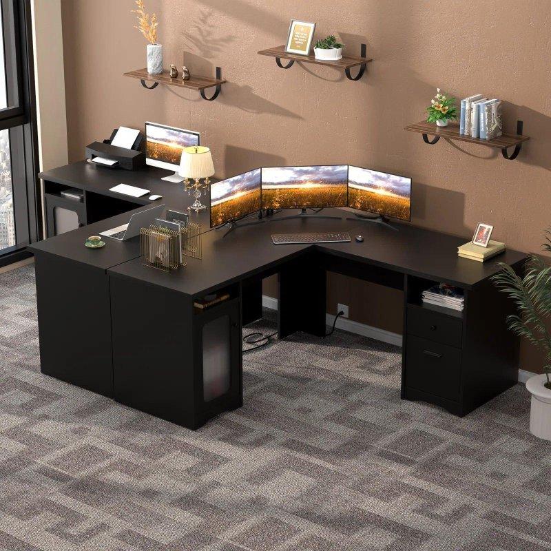 Siyah Ahşap Prizli ve USB Portlu Çekmeceli Dolaplı L Tipi Ofis Masası - 151x151 cm - 328042