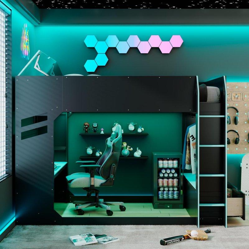 Siyah Ahşap RGB Işıklı Çalışma Masalı ve USB Şarjlı Gamer Ranza - 234x162x167 cm - 250366