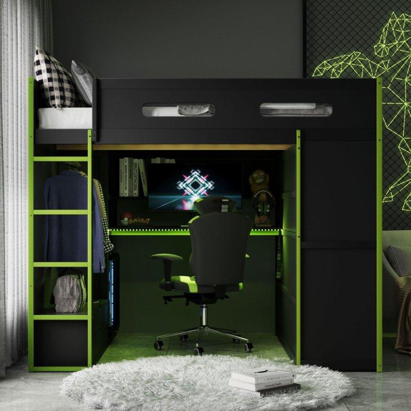 Siyah Ahşap RGB LED Aydınlatmalı USB Portlu Gardıroplu Çalışma Masalı Ranza - 200x145 cm - 249877