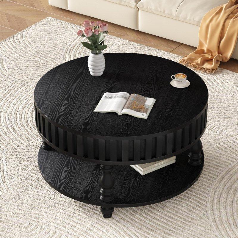 Siyah Ahşap Saklama Alanlı Açılır Kapaklı Yuvarlak Orta Sehpa - 80x42 cm - 241330
