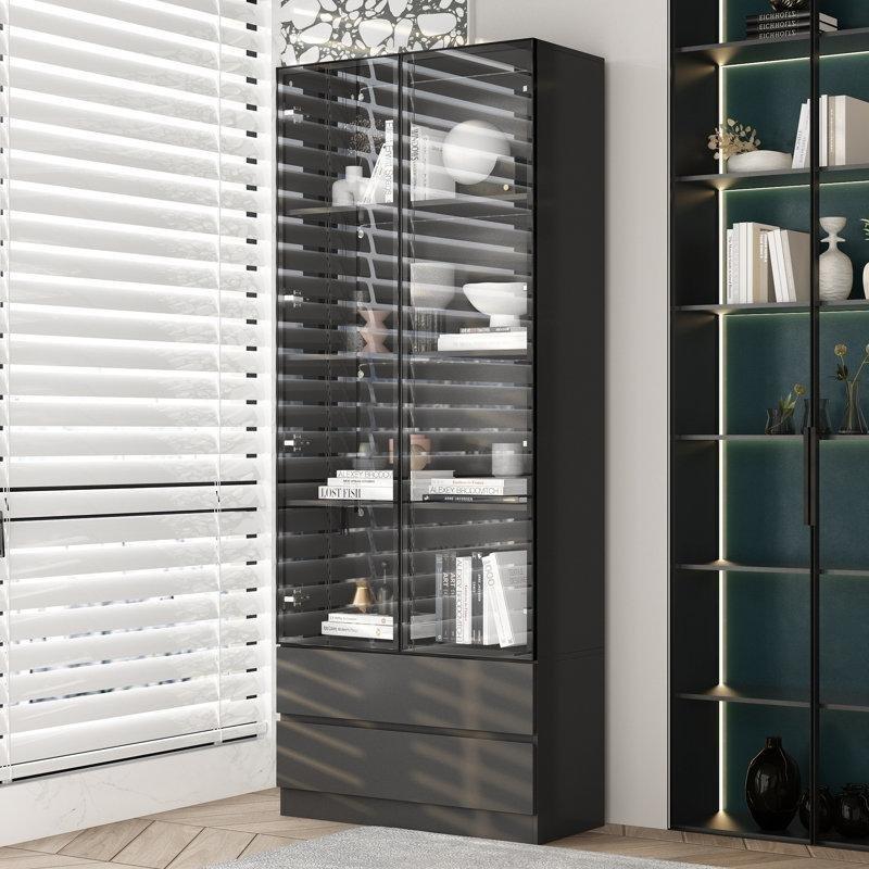 Siyah Ahşap Üç Renkli LED Aydınlatmalı Ayarlanabilir Raflı Cam Kapaklı Kitaplık - 200x80x37 cm - 238458