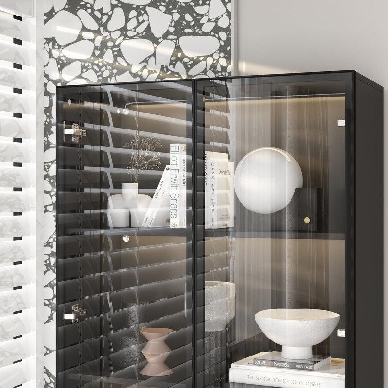 Siyah Ahşap Üç Renkli LED Aydınlatmalı Ayarlanabilir Raflı Cam Kapaklı Kitaplık - 200x80x37 cm - 238458