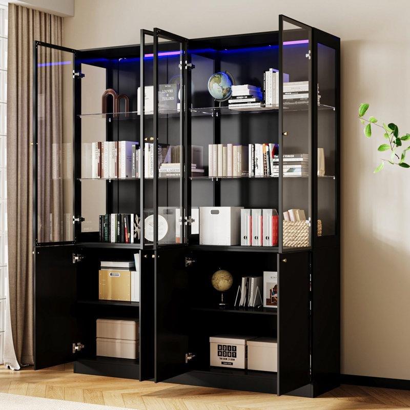 Siyah Ahşap ve Cam LED Aydınlatmalı Gold Kulplu Yivli Detaylı Cam Kapaklı Kitaplık - 200x161x42 cm - 238713
