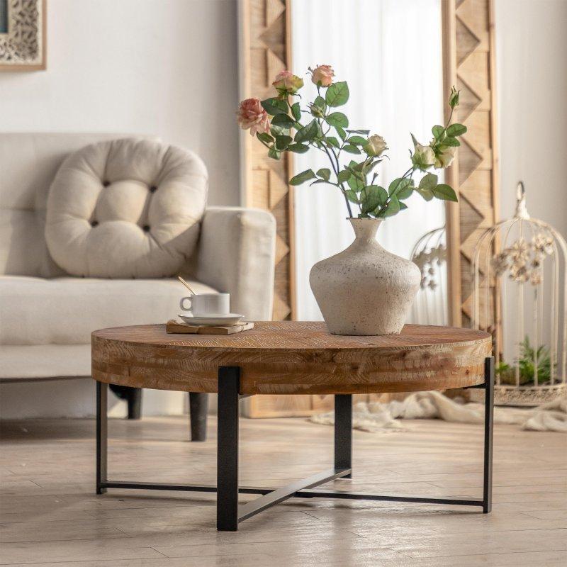 Siyah Ahşap ve Metal Çapraz Ayaklı Yuvarlak Orta Sehpa - 81x34 cm - 242625