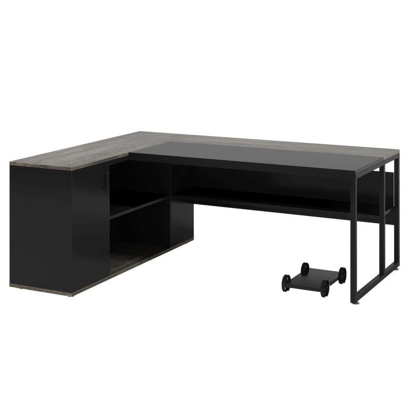 Siyah Ahşap ve Metal L Tipi Dolaplı Raflı Ofis Masası - 181x136 cm - 325755
