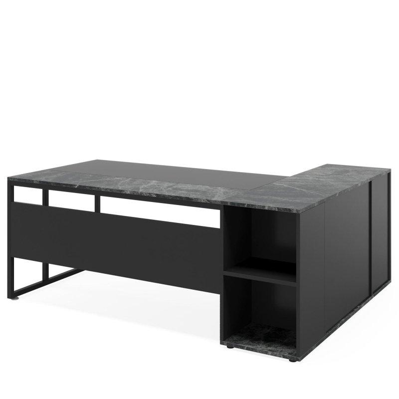 Siyah Ahşap ve Metal L Tipi Raflı Yönetici Ofis Masası - 181x136 cm - 325889