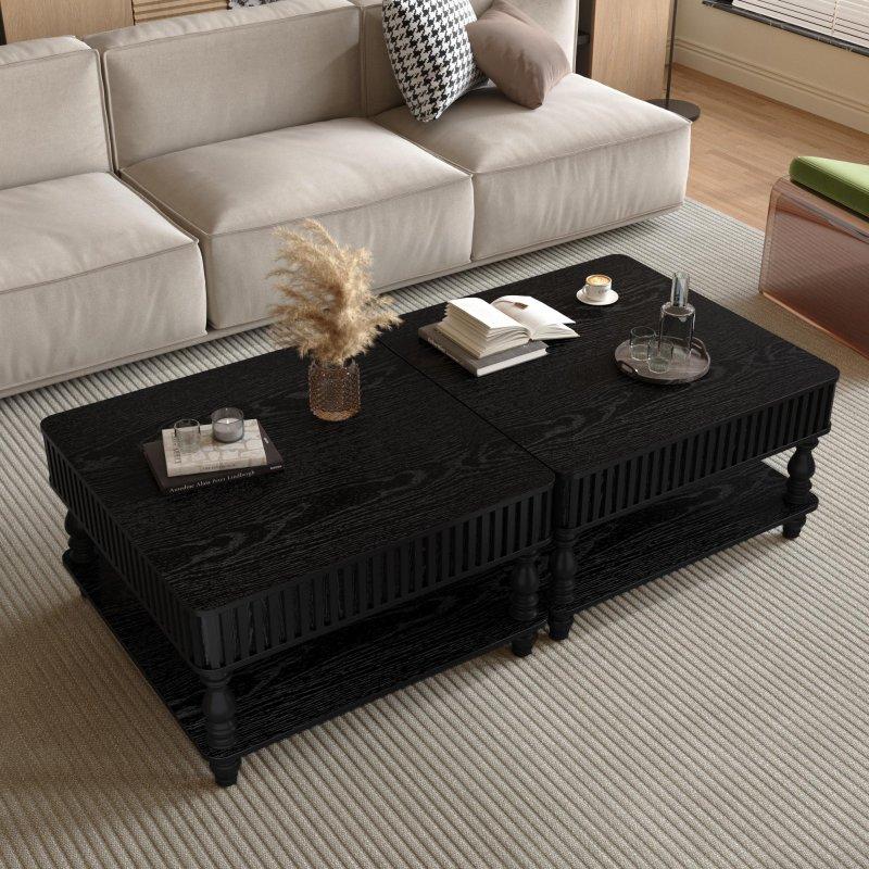 Siyah Ahşap Yivli Asansörlü Raflı Akıllı Sehpa - 81x81 cm - 253905
