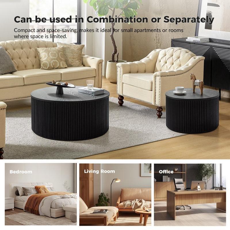 Siyah Ahşap Yivli Depolamalı İkili Set Yuvarlak Orta Sehpa - 91 cm - 244515
