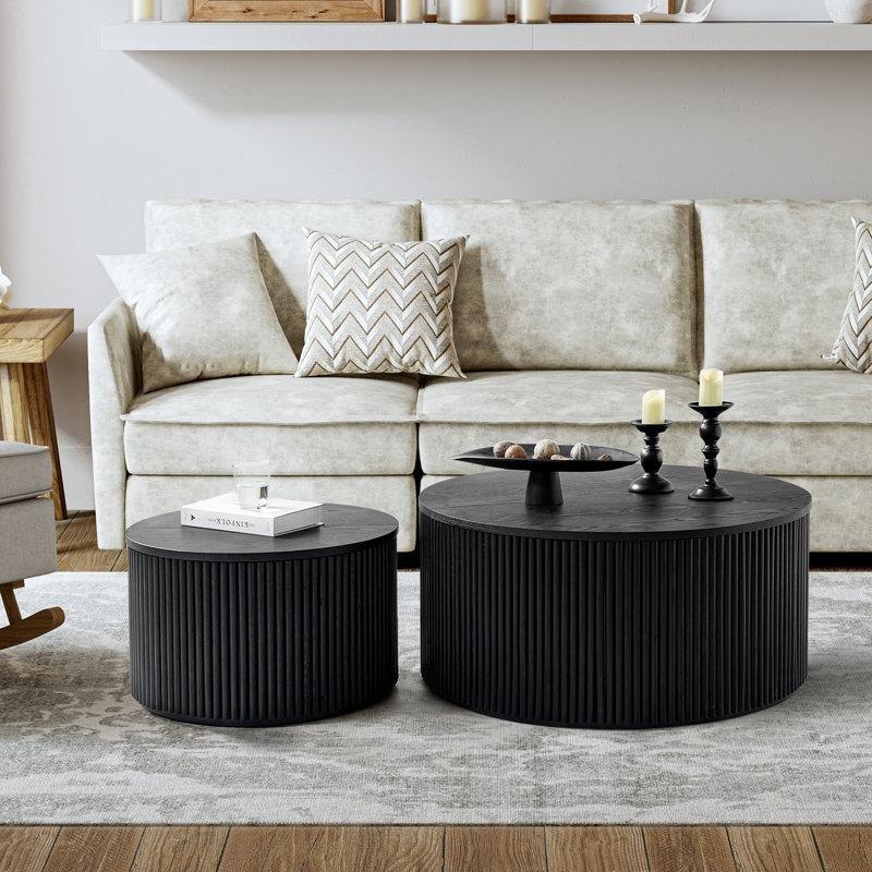Siyah Ahşap Yivli Depolamalı İkili Set Yuvarlak Orta Sehpa - 91 cm - 244515