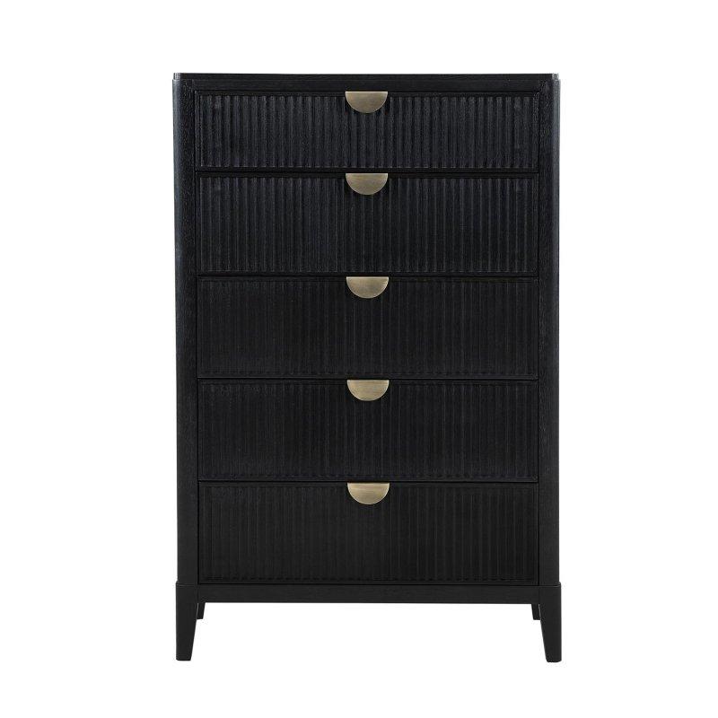Siyah Ahşap Yivli Gold Yarım Ay Kulplu 5 Çekmeceli Şifonyer - 93x144x46 cm - 310952