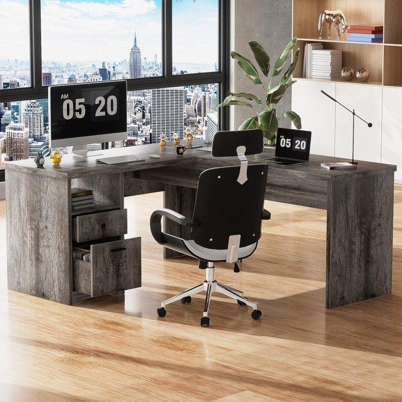 Siyah Ahşap Yüksekliği Ayarlanabilir Şarj İstasyonlu L Tipi Ofis Masası - 143 cm - 328067